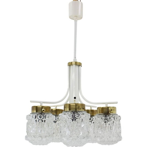 Lustre vintage en verre et laiton par Kamenický Šenov, Tchécoslovaquie 1970