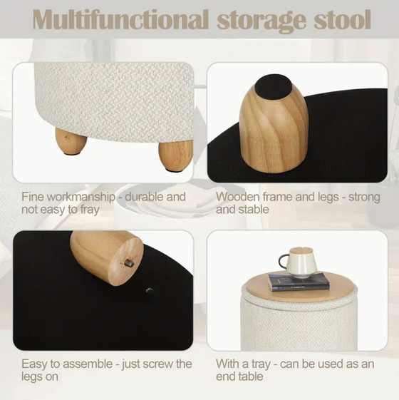 Image 1 of Tabouret rond en lin avec espace de rangement, repose-pieds beige et pieds en bois massif