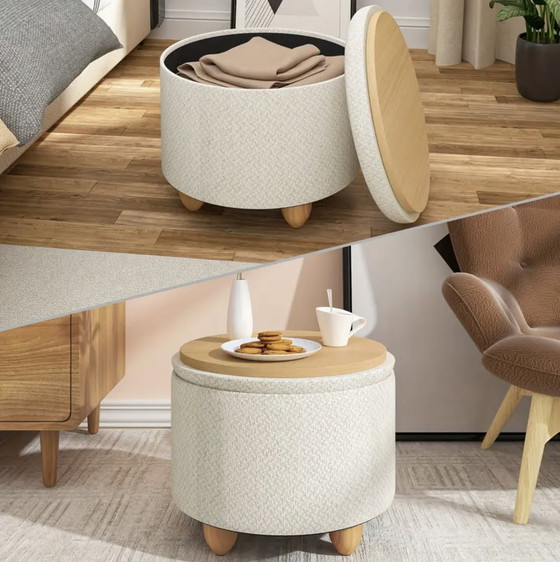 Image 1 of Tabouret rond en lin avec espace de rangement, repose-pieds beige et pieds en bois massif