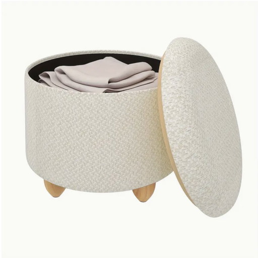 Tabouret rond en lin avec espace de rangement, repose-pieds beige et pieds en bois massif