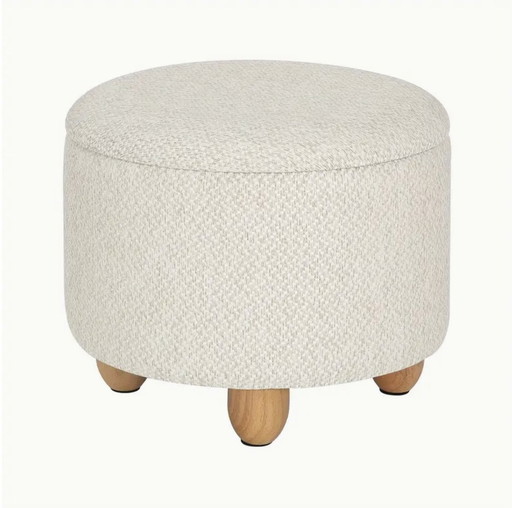 Tabouret rond en lin avec espace de rangement, repose-pieds beige et pieds en bois massif