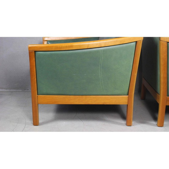 Image 1 of Paire de fauteuils vintage en cuir vert et bois de cerisier massif, Danemark 1970