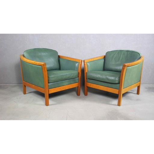 Paire de fauteuils vintage en cuir vert et bois de cerisier massif, Danemark 1970