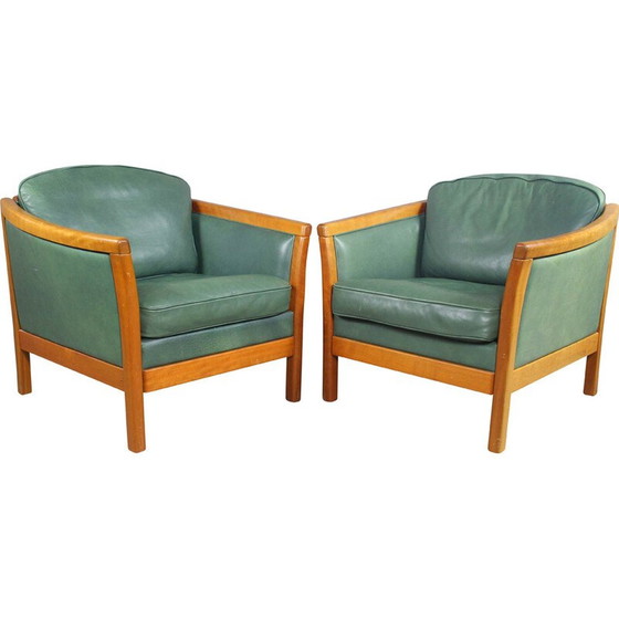 Image 1 of Paire de fauteuils vintage en cuir vert et bois de cerisier massif, Danemark 1970
