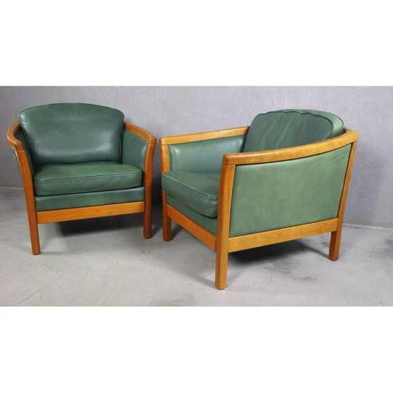 Image 1 of Paire de fauteuils vintage en cuir vert et bois de cerisier massif, Danemark 1970