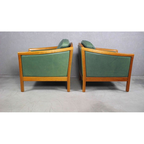 Image 1 of Paire de fauteuils vintage en cuir vert et bois de cerisier massif, Danemark 1970