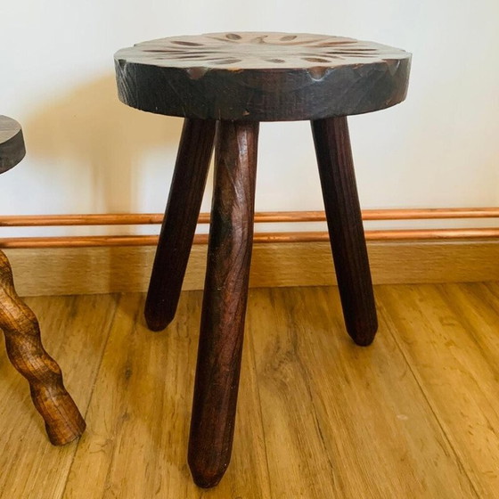 Image 1 of Ensemble de 4 tabourets tripodes en bois vintage