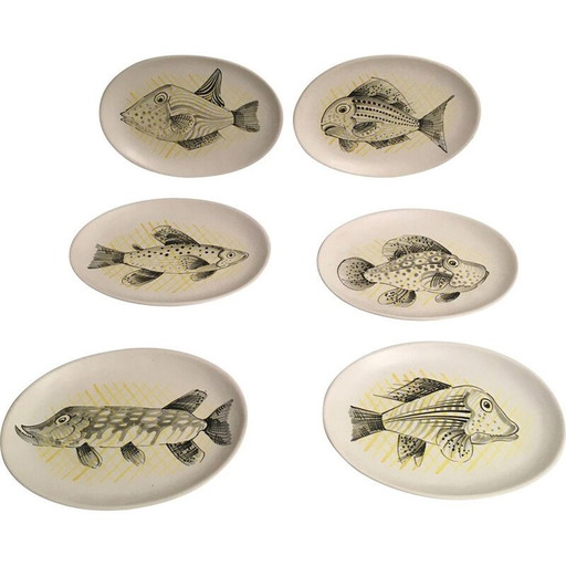 Ensemble de 6 assiettes à poisson vintage par André Baud, Vaullauris 1950