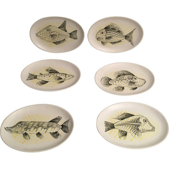 Image 1 of Ensemble de 6 assiettes à poisson vintage par André Baud, Vaullauris 1950