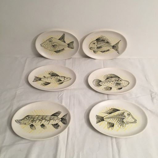 Ensemble de 6 assiettes à poisson vintage par André Baud, Vaullauris 1950