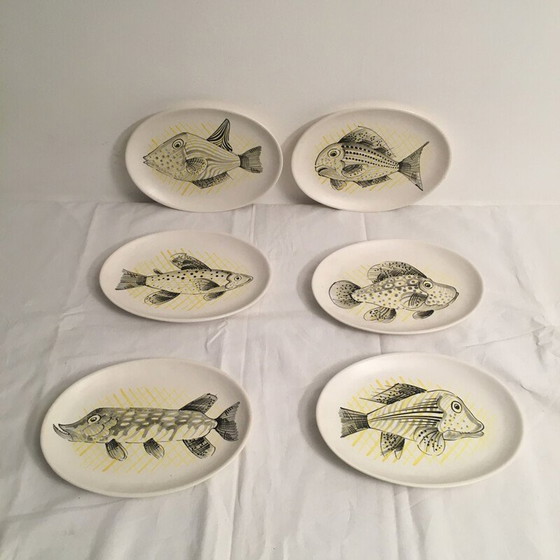 Image 1 of Ensemble de 6 assiettes à poisson vintage par André Baud, Vaullauris 1950