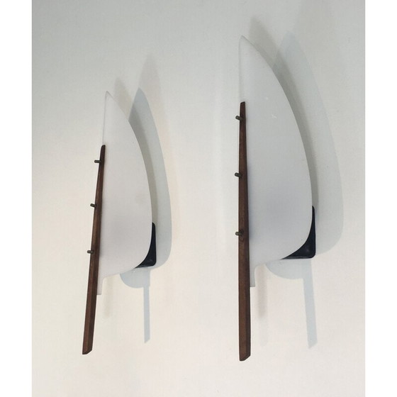 Image 1 of Paire d'appliques vintage en bois et plastique blanc, 1970