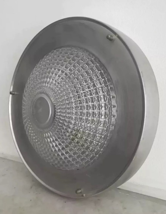Image 1 of Plafonnier Vintage En Métal Et Verre Moulé Pressé, France 1970