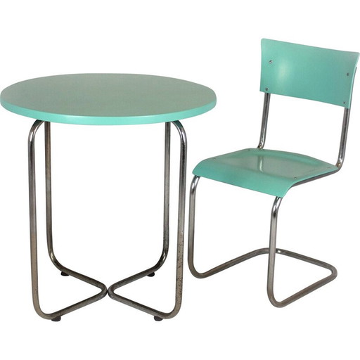 Table vintage avec chaise en acier tubulaire chromé et bois par Mart Stam, Tchécoslovaquie années 1930