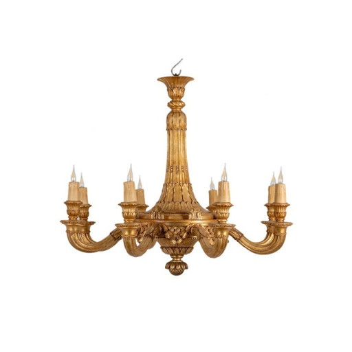 Lustre vintage en bois sculpté et doré par Dumez, France 1950