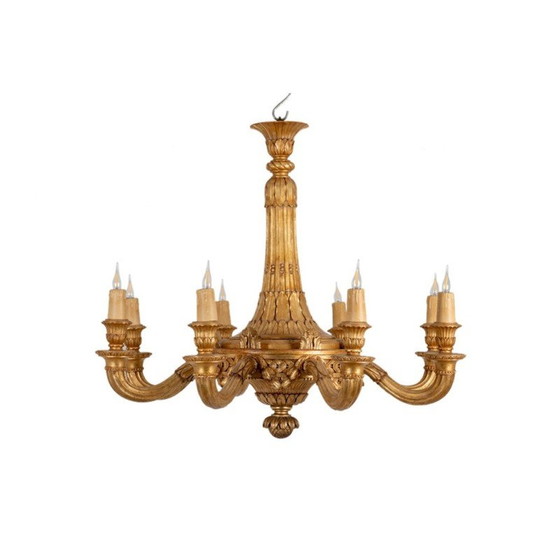 Image 1 of Lustre vintage en bois sculpté et doré par Dumez, France 1950