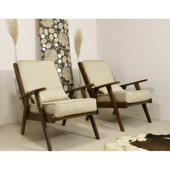 Image 1 of Paire de fauteuils vintage en bois de chêne massif, 1950
