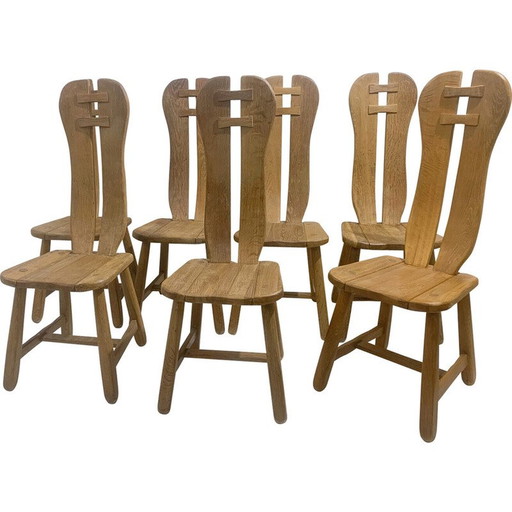 Ensemble de 7 chaises brutalistes du milieu du siècle en bois de chêne massif par De Puydt, Belgique 1970