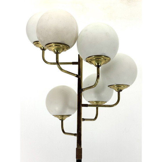 Image 1 of Lampadaire vintage en laiton et verre opalin à 6 bras pour Stilnovo, Italie 1950
