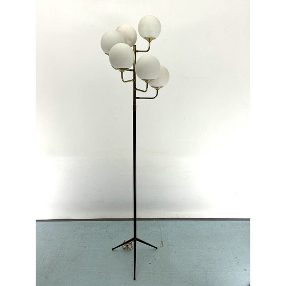 Image 1 of Lampadaire vintage en laiton et verre opalin à 6 bras pour Stilnovo, Italie 1950