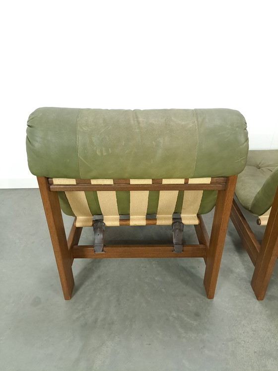 Image 1 of Chaise en cuir vert avec bois de chêne