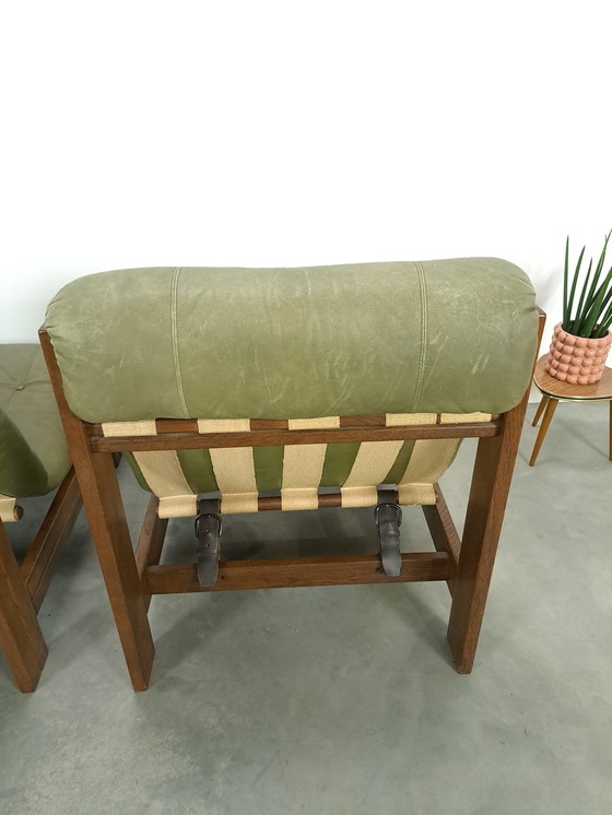 Image 1 of Chaise en cuir vert avec bois de chêne