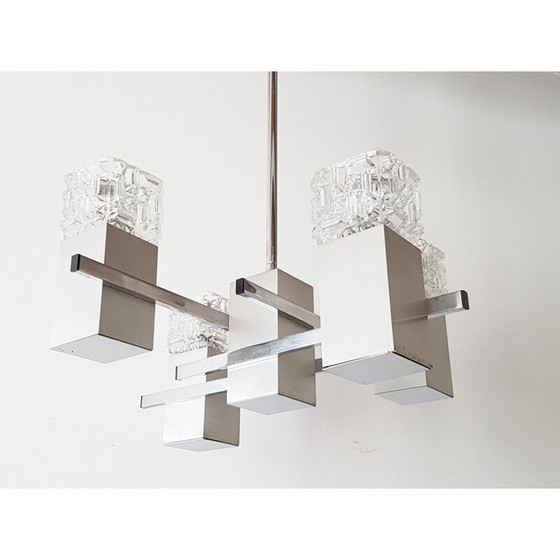 Image 1 of Plafonnier lustre en verre et acier - années 1970