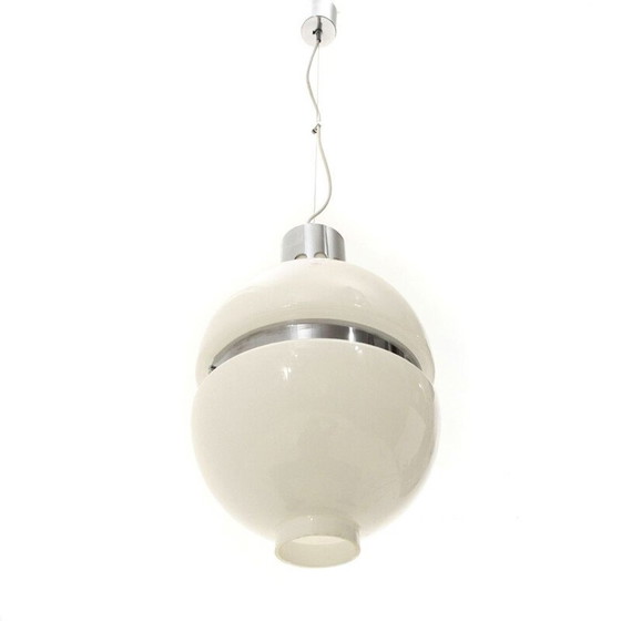 Image 1 of Lampe suspendue vintage en verre blanc et métal chromé, Italie 1960