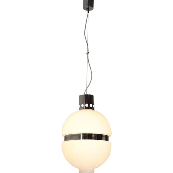 Image 1 of Lampe suspendue vintage en verre blanc et métal chromé, Italie 1960