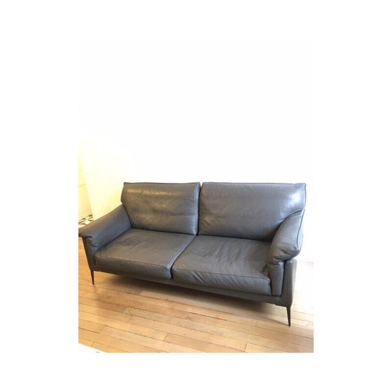 Image 1 of Vintage 2-seater sofa "Hélium" in gray cowhide leather and black metal for Duvivier, France