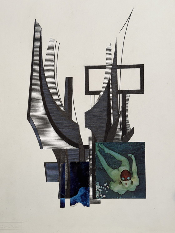 Image 1 of Œuvre d'art abstraite avec élément de collage - Eugene Eechaut (1928-2019)