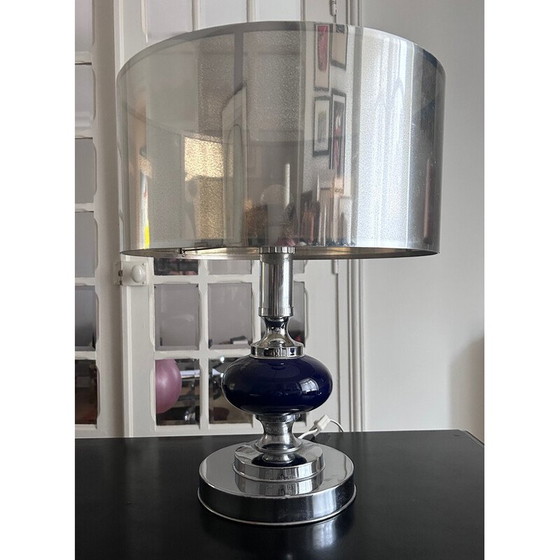 Image 1 of Lampe vintage en métal chromé et laque bleue pour Maison le Dauphin, 1970