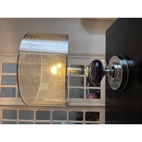 Image 1 of Lampe vintage en métal chromé et laque bleue pour Maison le Dauphin, 1970