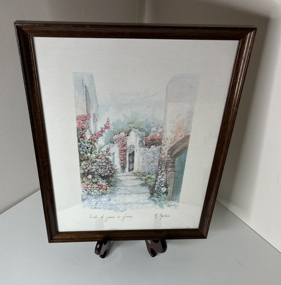 Image 1 of Gravure originale signée par M. Marten - "Vicolo Di Paese In Fiore".