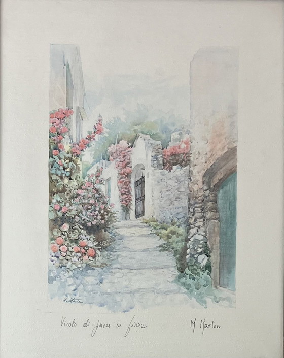 Image 1 of Gravure originale signée par M. Marten - "Vicolo Di Paese In Fiore".