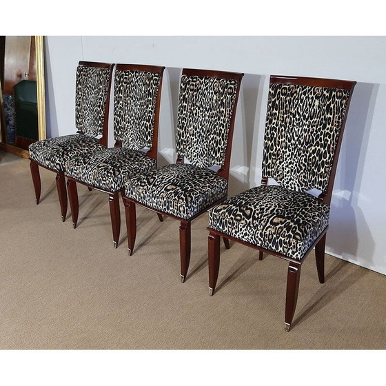 Image 1 of Ensemble de 4 chaises vintage en bois de hêtre massif et imprimé léopard, années 1960