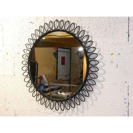 Image 1 of Miroir circulaire vintage en métal laqué noir, 1950