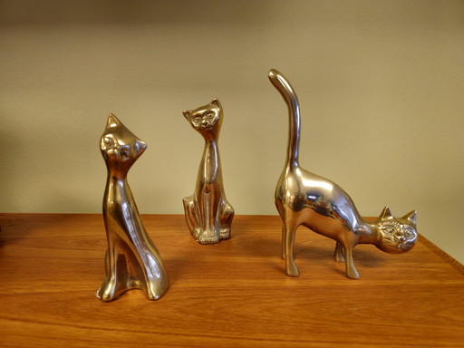 Famille Cat Puss Cat Statue en laiton