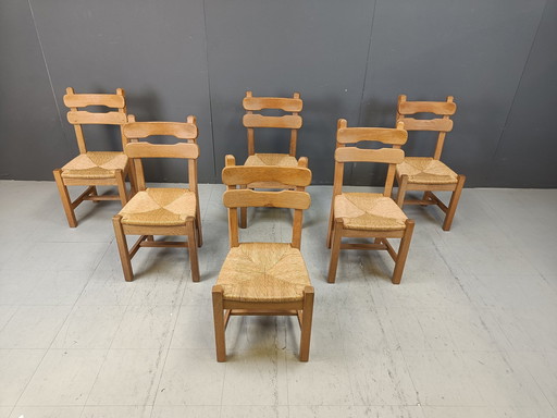 Chaises de salle à manger Brutalist en chêne et osier, 1960S