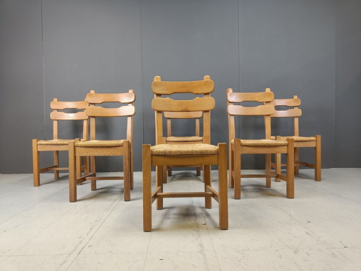 Chaises de salle à manger Brutalist en chêne et osier, 1960S