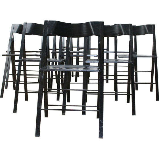 Image 1 of Ensemble de 12 chaises pliantes vintage en métal teinté noir et bois noir