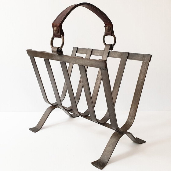 Image 1 of Porte-revues vintage en acier et cuir 1970