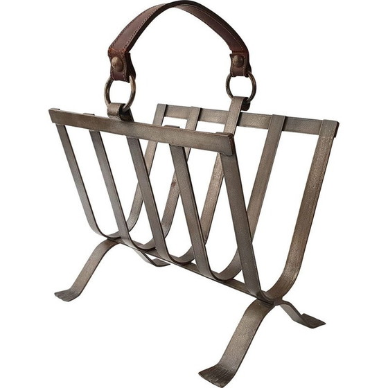 Image 1 of Porte-revues vintage en acier et cuir 1970