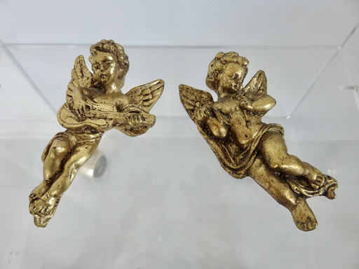 Paire De Chérubins, Putti, Angelots, En Résine Dorée, 1970