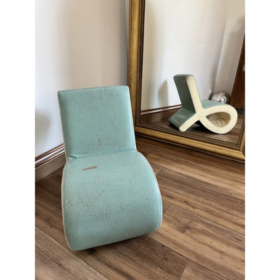 Image 1 of Fauteuil de cheminée Vintage Wave en bois et simili cuir bleu