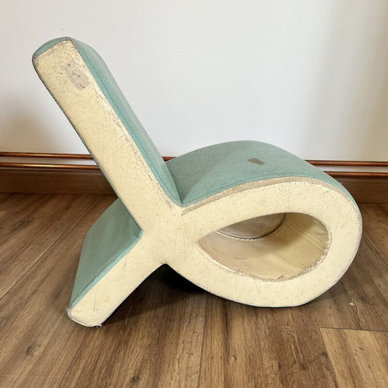 Image 1 of Fauteuil de cheminée Vintage Wave en bois et simili cuir bleu