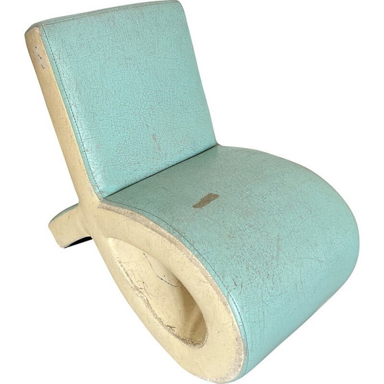 Image 1 of Fauteuil de cheminée Vintage Wave en bois et simili cuir bleu