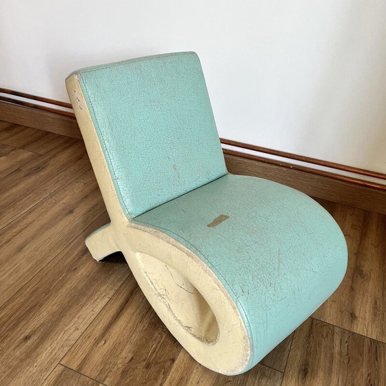 Image 1 of Fauteuil de cheminée Vintage Wave en bois et simili cuir bleu