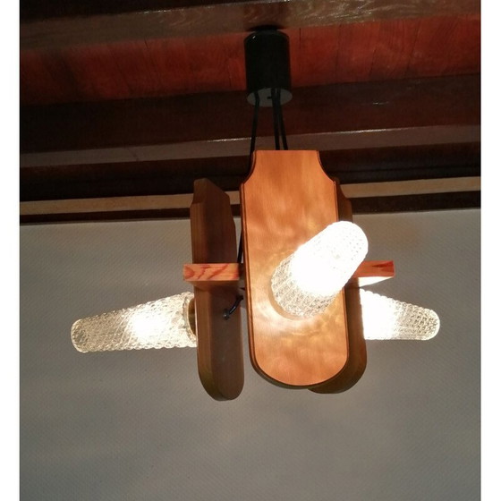 Image 1 of Lustre vintage à 3 branches en verre et bois verni, 1960