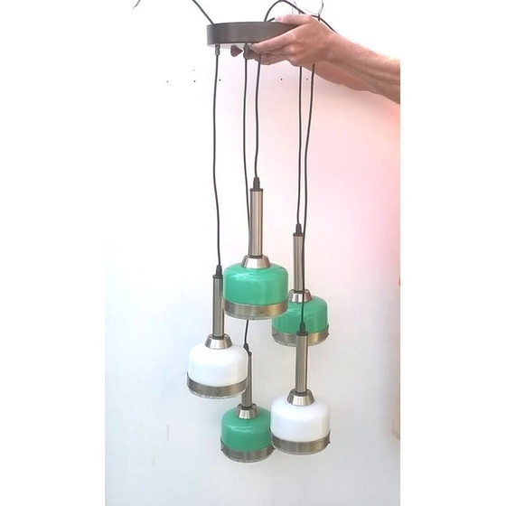 Image 1 of Suspension vintage en verre de Murano blanc et vert pour Vistosi, 1960